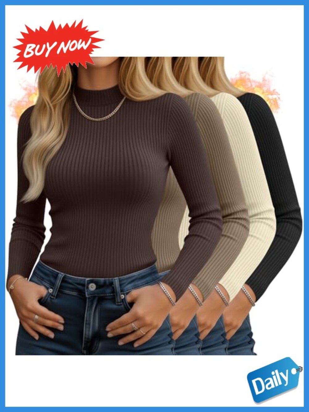 Women's Ribbed Knit Mock Neck Thermal Long Sleeve Tops 4 Pack
